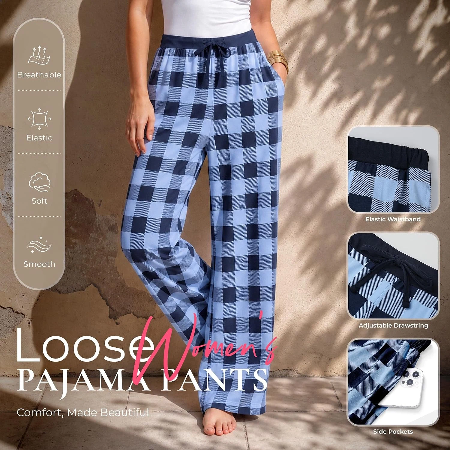 Women's Plaid Pajama Pants, Navy Blue Plaid