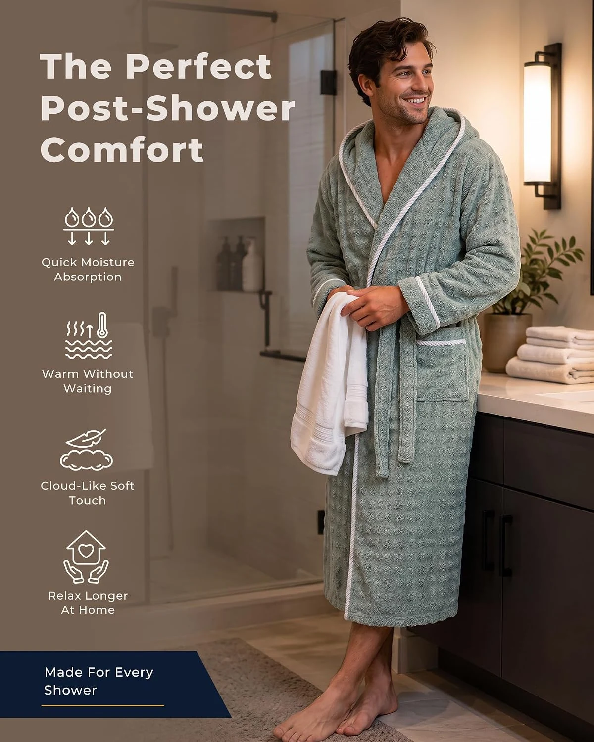 Men's Fleece Hooded Robe IV, Grey Green