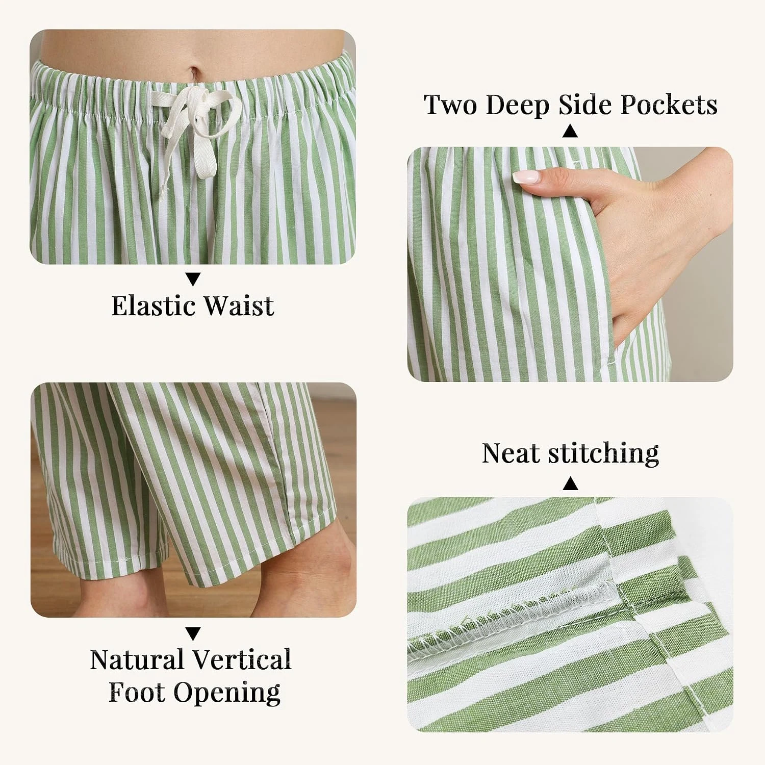 Women's Cotton Pajama Pants II, Pink White Stripe Green White Stripe