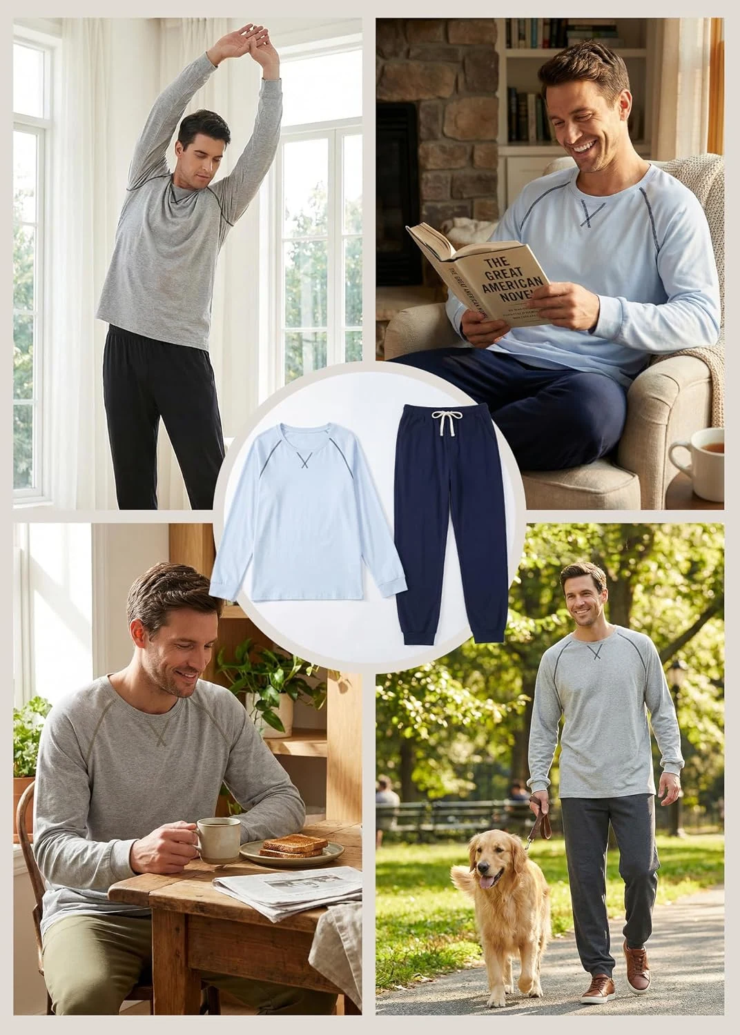 Men's Cotton Lounge Set, Light Grey Melange. / Black