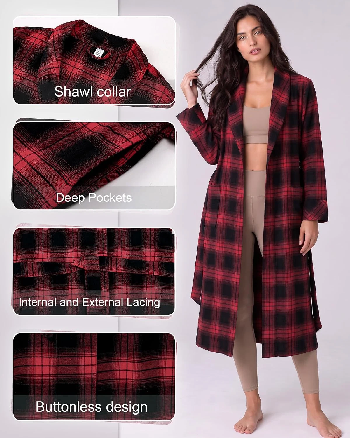 Women's Flannel Robe, Grey Green Plaid