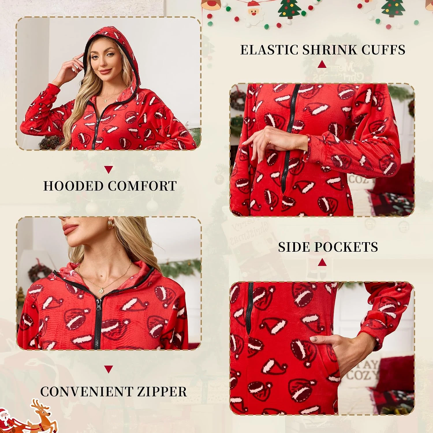 Men's Fleece Hooded Onesie, Santa Hats Red