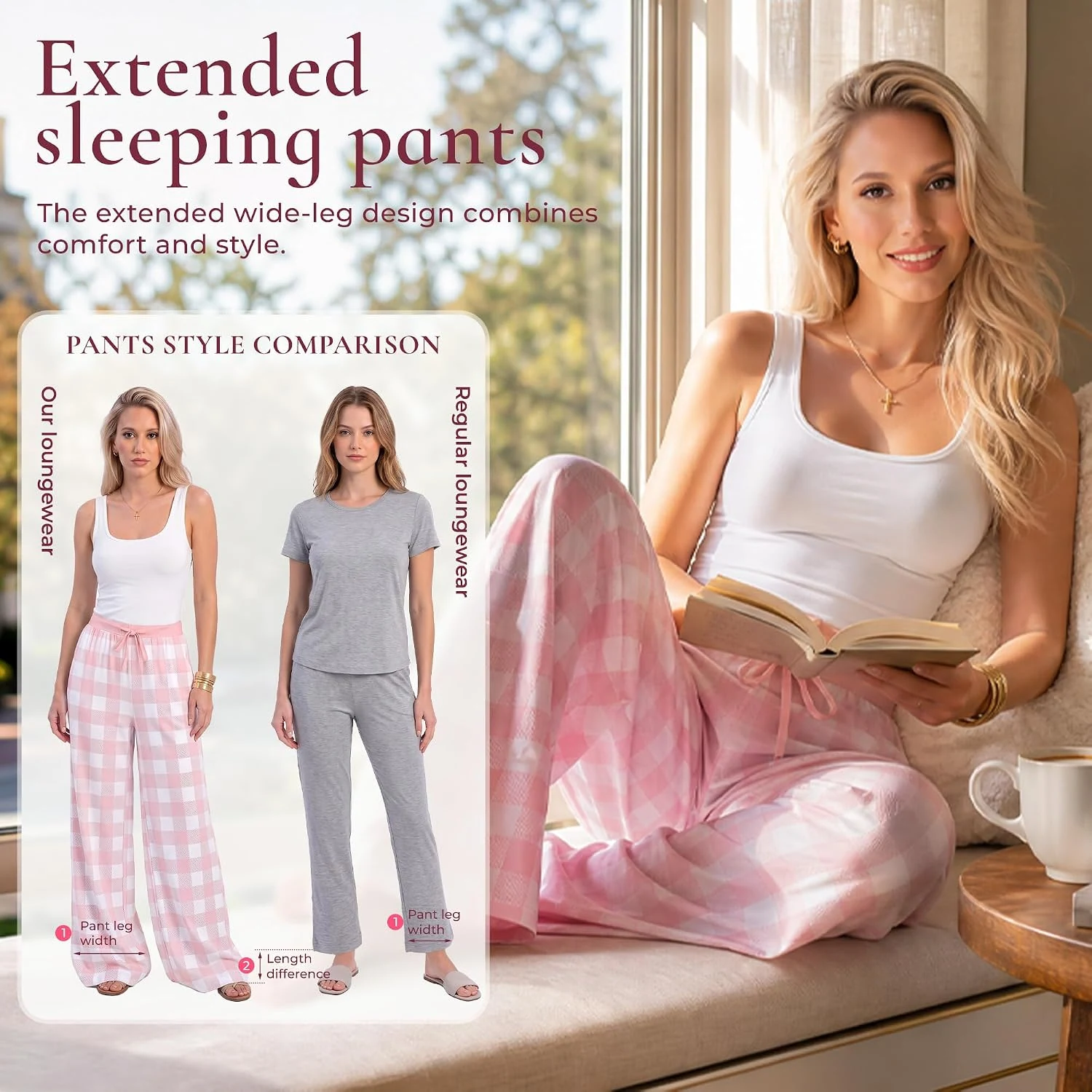 Women's Plaid Pajama Pants, Light Purple White Plaid