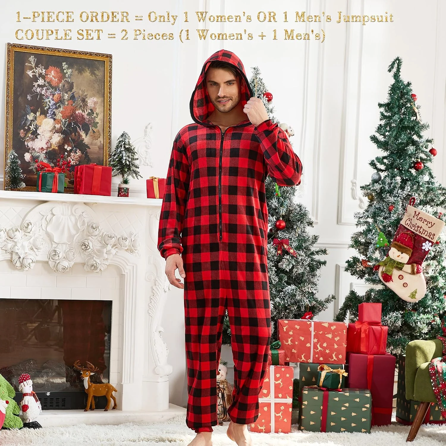 Men's Fleece Hooded Onesie, Buffalo Plaid Red
