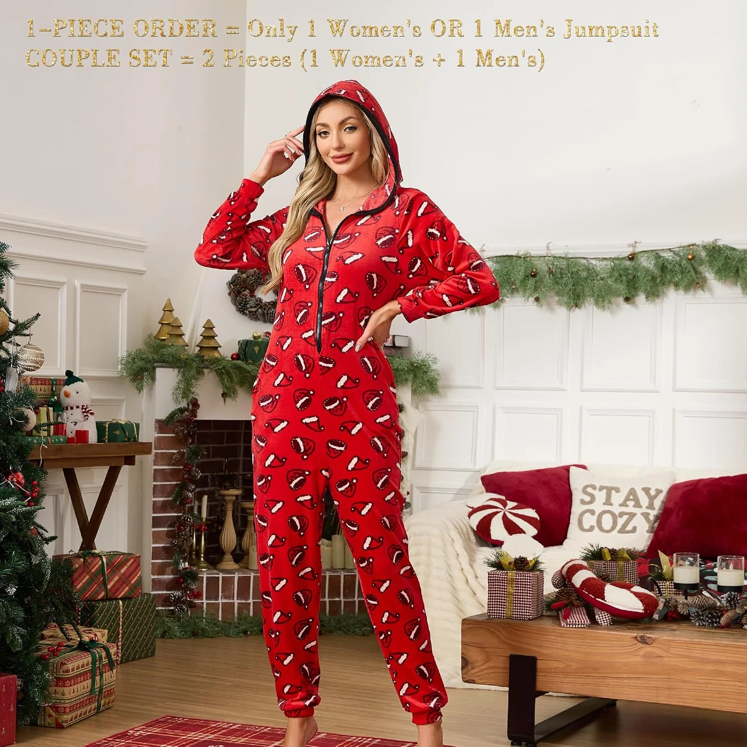 Women's Fleece Hooded Onesie II, Santa Hats Red