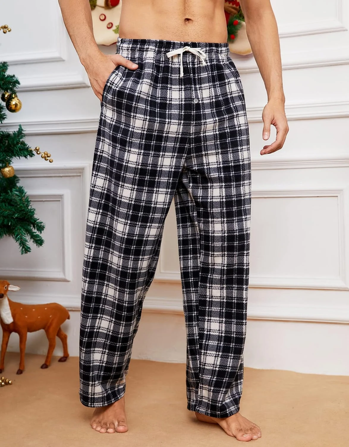 Men's Fleece Lounge Pants, Red Black Plaid / White Black Plaid