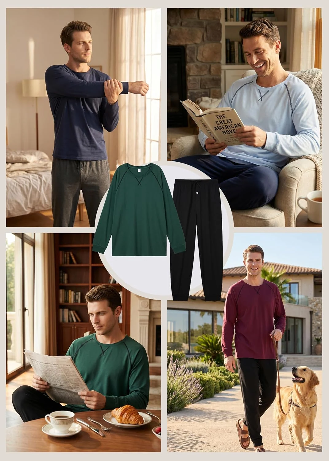Men's Cotton Lounge Set, Dark Green / Black