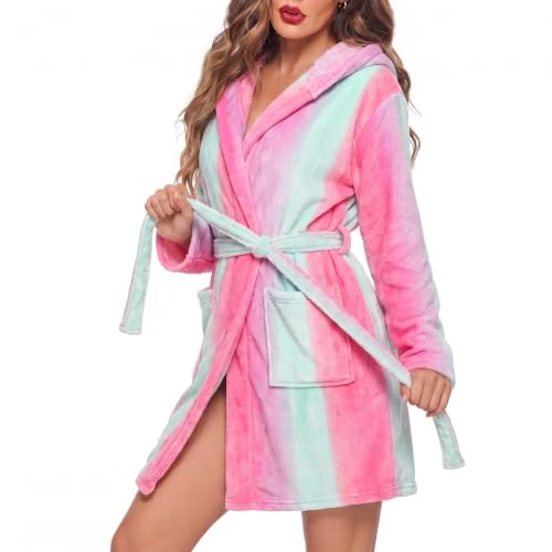 Women's Fleece Hooded Robe, Pink Purple Shading