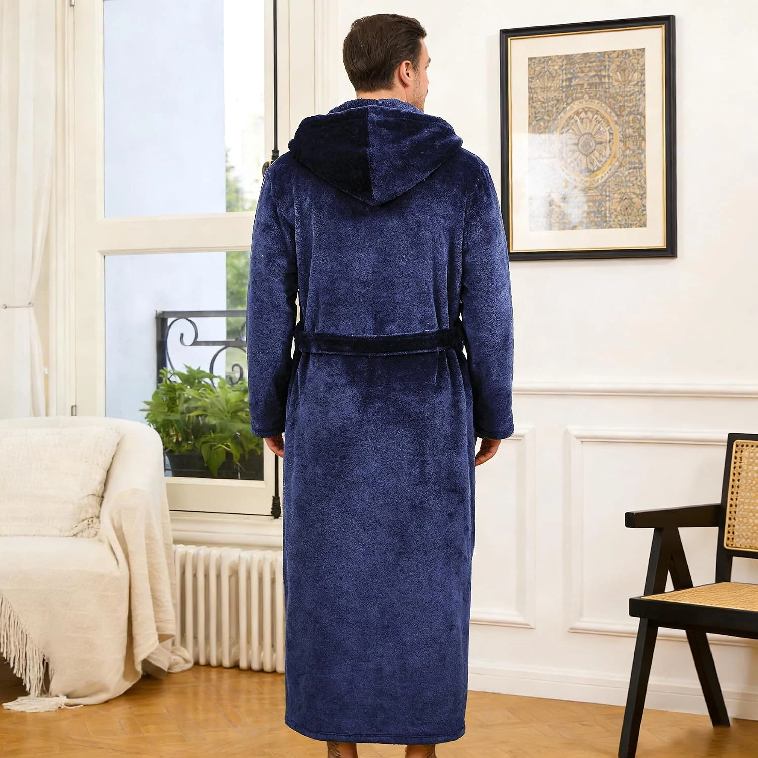 Men's Fleece Hooded Robe III, Navy