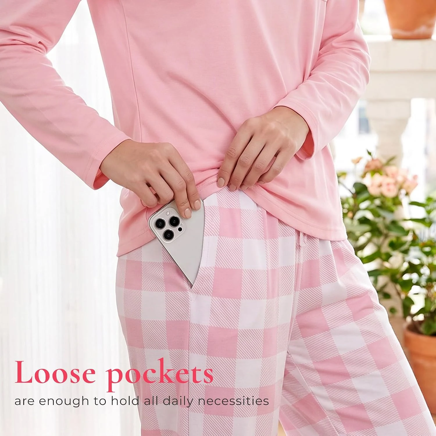 Women's Cotton Pajama Set II, Black / Green White Plaid