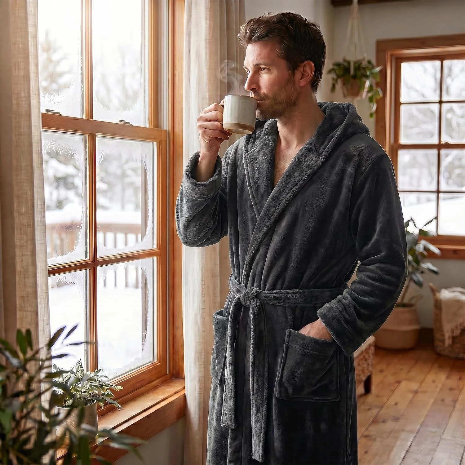 Men's Fleece Hooded Robe, Dark Grey